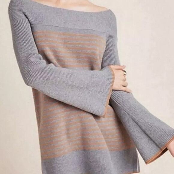 Anthropologie Elise Ribbed Striped Off-The-Shoulder Sweater Gray, Size S, Tunic - Picture 1 of 11